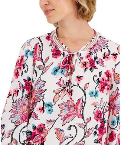 Women's Traveling Ornament Printed Lattice-Neck Top Bright White Combo $17.19 Tops