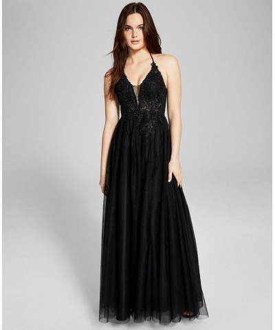 Juniors' Appliqué Halter Mesh Gown Black $109.82 Dresses