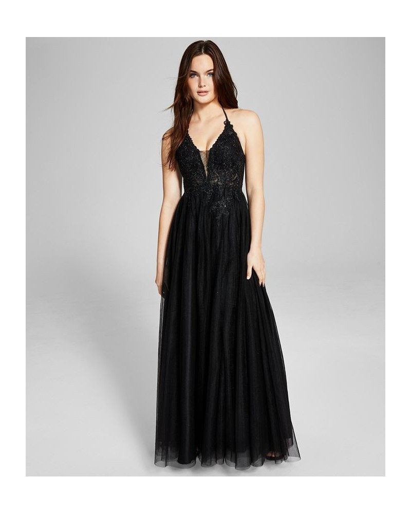 Juniors' Appliqué Halter Mesh Gown Black $109.82 Dresses