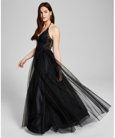 Juniors' Appliqué Halter Mesh Gown Black $109.82 Dresses