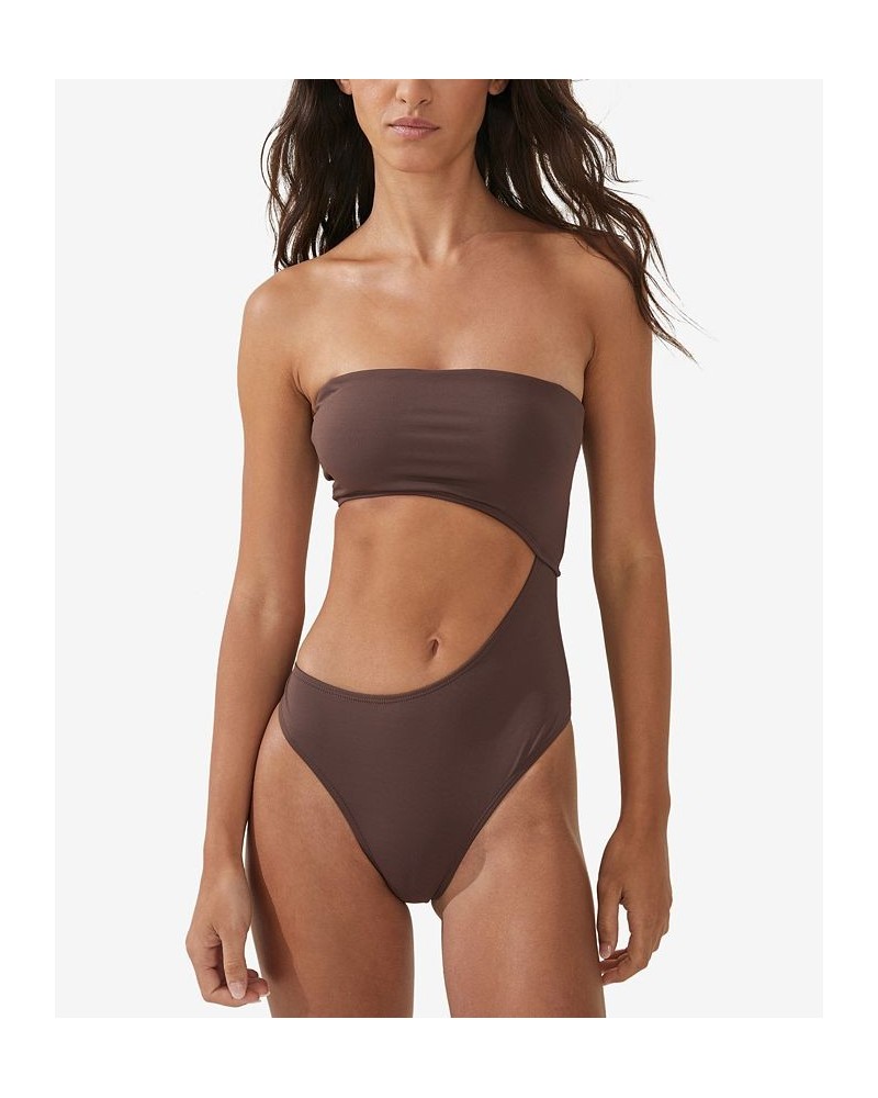 Women's Strapless Cutout Brazilian One-Piece Swimsuit Brown $32.99 Swimsuits