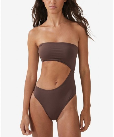 Women's Strapless Cutout Brazilian One-Piece Swimsuit Brown $32.99 Swimsuits