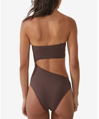 Women's Strapless Cutout Brazilian One-Piece Swimsuit Brown $32.99 Swimsuits