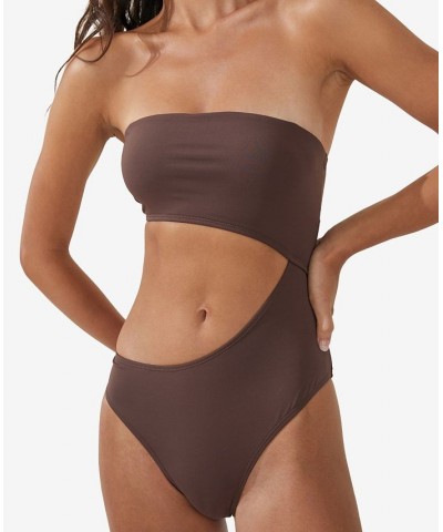 Women's Strapless Cutout Brazilian One-Piece Swimsuit Brown $32.99 Swimsuits