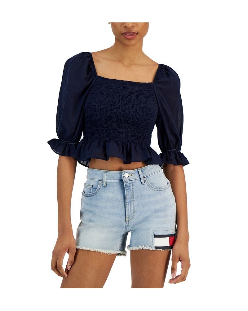 Women's Cropped Smocked Short Sleeve Top Blue $37.37 Tops