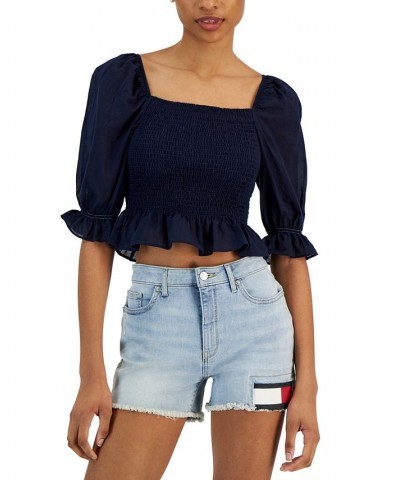 Women's Cropped Smocked Short Sleeve Top Blue $37.37 Tops