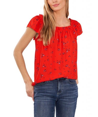 Women's Ruffled Square Neckline Floral Top Poppy Red $25.19 Tops