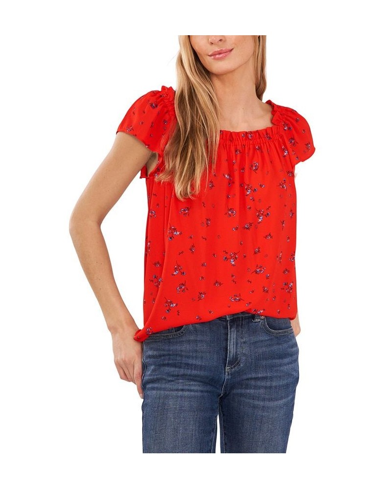 Women's Ruffled Square Neckline Floral Top Poppy Red $25.19 Tops