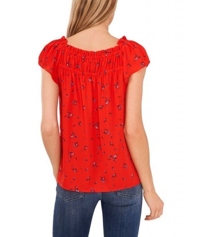 Women's Ruffled Square Neckline Floral Top Poppy Red $25.19 Tops