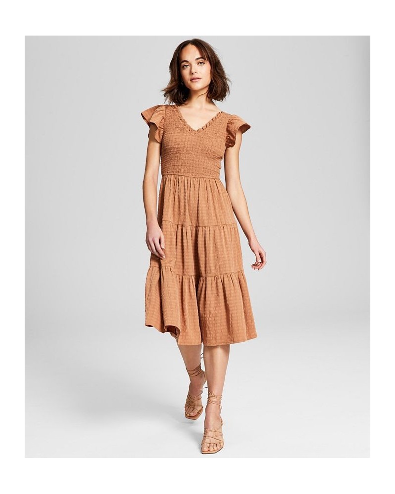 Women's Smocked Flutter-Sleeve Midi Dress Brown $31.05 Dresses