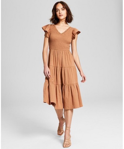 Women's Smocked Flutter-Sleeve Midi Dress Brown $31.05 Dresses