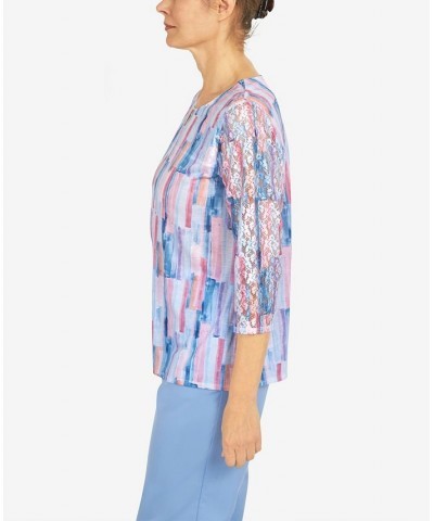 Women's Brushstroke Lace Sleeve Top Multi $34.06 Tops