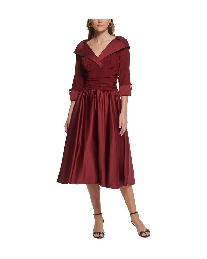 Women's Satin-Detail Elbow-Sleeve Midi Dress Burgundy $41.16 Dresses