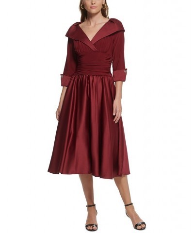 Women's Satin-Detail Elbow-Sleeve Midi Dress Burgundy $41.16 Dresses