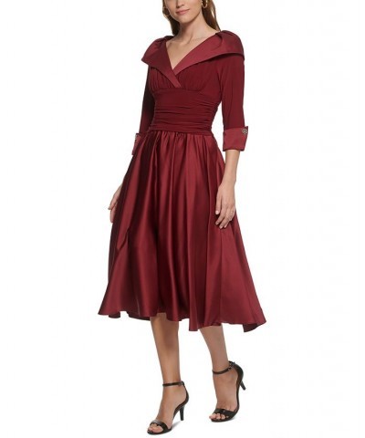 Women's Satin-Detail Elbow-Sleeve Midi Dress Burgundy $41.16 Dresses