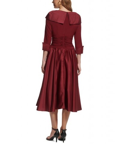 Women's Satin-Detail Elbow-Sleeve Midi Dress Burgundy $41.16 Dresses