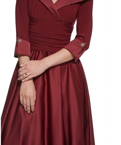 Women's Satin-Detail Elbow-Sleeve Midi Dress Burgundy $41.16 Dresses