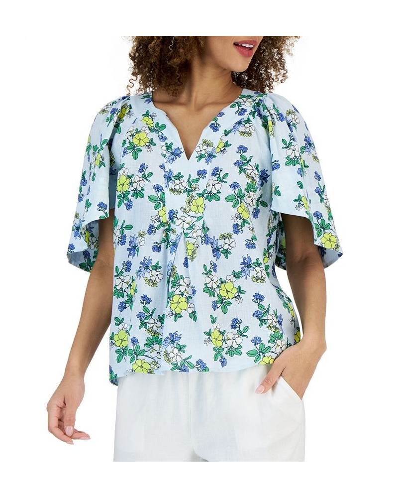 Women's Linen Floral Flutter-Sleeve Top Cerulean Sky Combo $18.35 Tops