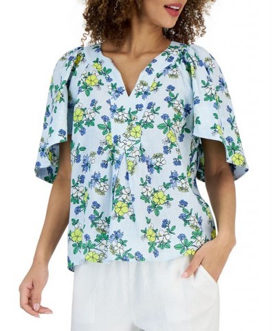 Women's Linen Floral Flutter-Sleeve Top Cerulean Sky Combo $18.35 Tops