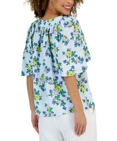 Women's Linen Floral Flutter-Sleeve Top Cerulean Sky Combo $18.35 Tops