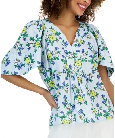 Women's Linen Floral Flutter-Sleeve Top Cerulean Sky Combo $18.35 Tops