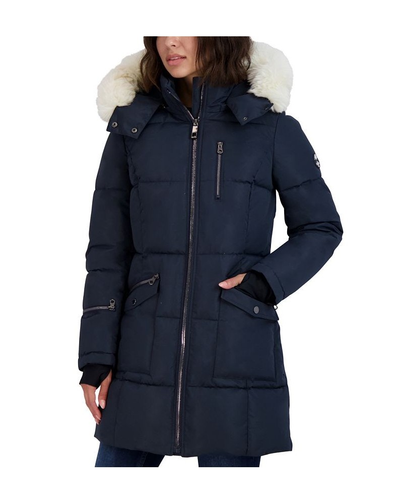 Women's Faux-Fur-Trim Hooded Puffer Coat Blue $86.00 Coats