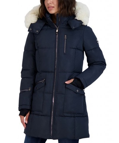 Women's Faux-Fur-Trim Hooded Puffer Coat Blue $86.00 Coats