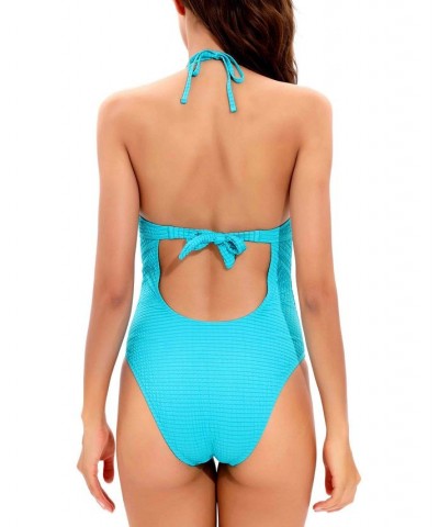 Women's Golden Wave Textured Plunging Lace-Up Swimsuit Blue $44.40 Swimsuits