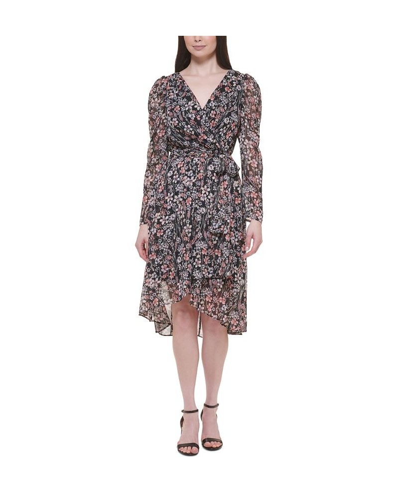 Petite Floral-Print Side-Tie Chiffon Dress Black Multi $30.47 Dresses