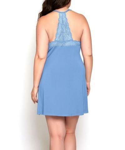 Olivia Plus Size Soft Viscose Halter Neck Chemise Lingerie with Lace Trim and Shoulder Straps Light Blue $42.38 Lingerie