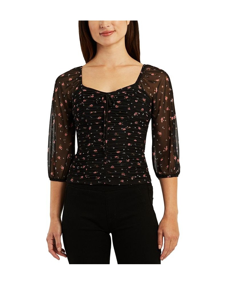 Juniors' Floral Mesh Ruched-Front 3/4-Sleeve Top Pat K $15.89 Tops