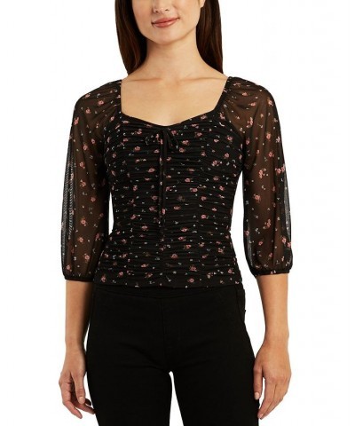 Juniors' Floral Mesh Ruched-Front 3/4-Sleeve Top Pat K $15.89 Tops