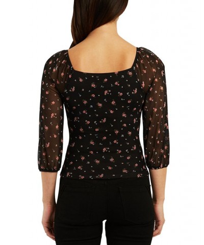 Juniors' Floral Mesh Ruched-Front 3/4-Sleeve Top Pat K $15.89 Tops