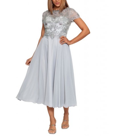 Women's Beaded Chiffon Midi Dress Silver $108.15 Dresses