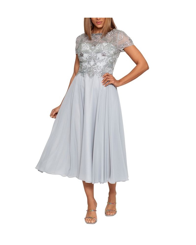 Women's Beaded Chiffon Midi Dress Silver $108.15 Dresses