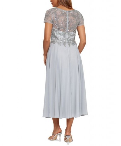 Women's Beaded Chiffon Midi Dress Silver $108.15 Dresses