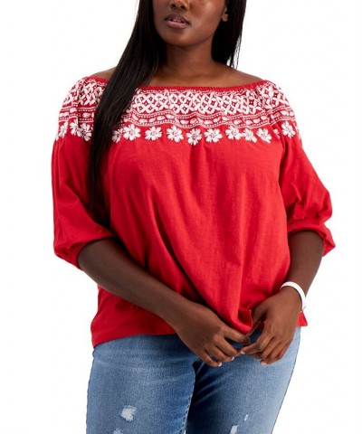 Plus Size Off-The-Shoulder Embroidered Top Red $22.39 Tops