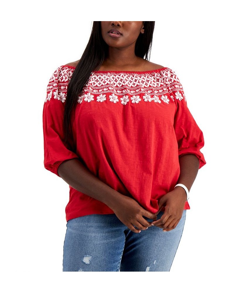 Plus Size Off-The-Shoulder Embroidered Top Red $22.39 Tops