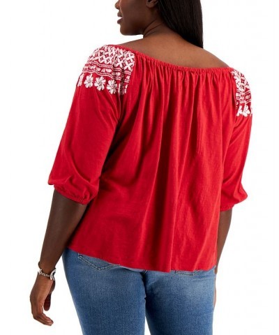 Plus Size Off-The-Shoulder Embroidered Top Red $22.39 Tops