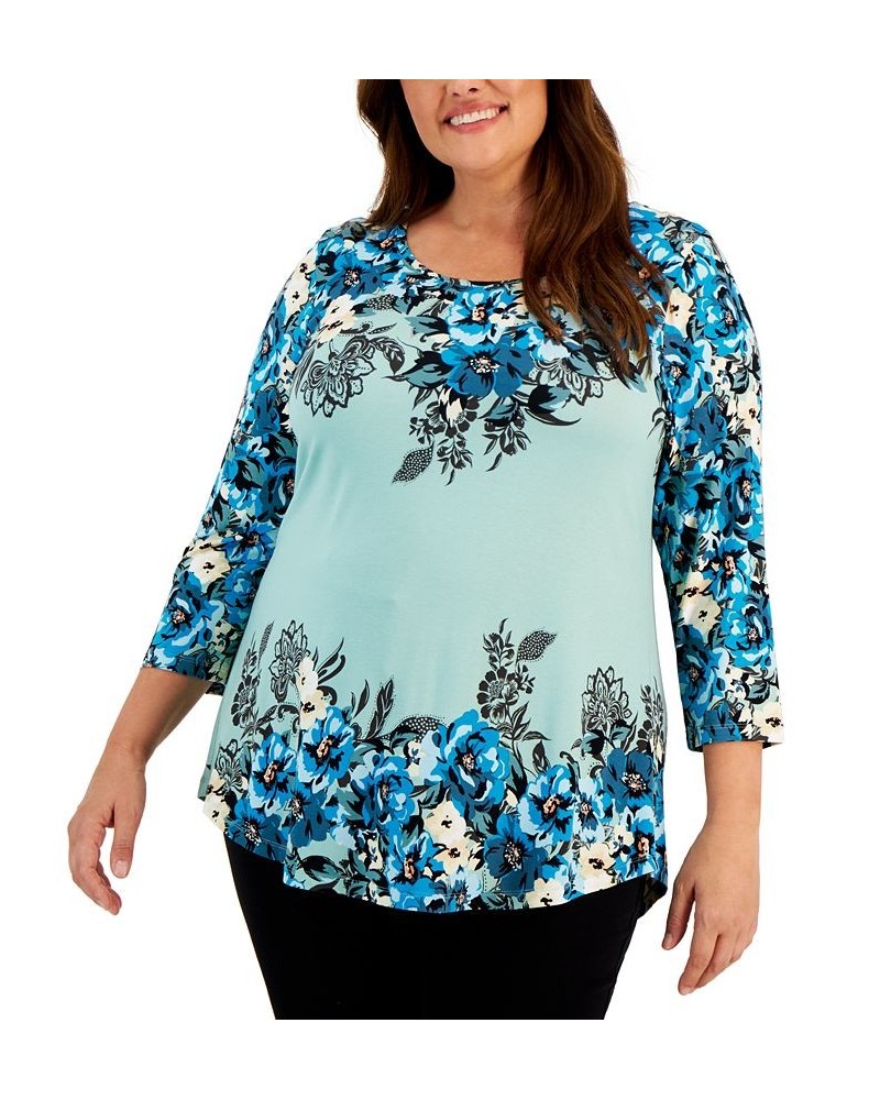 Plus Size Printed 3/4-Sleeve Top Blue $15.39 Tops