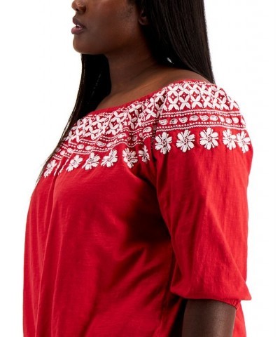 Plus Size Off-The-Shoulder Embroidered Top Red $22.39 Tops