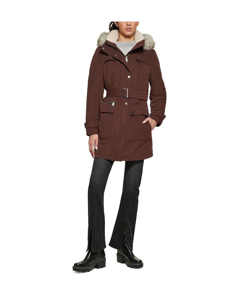 Women's Belted Faux-Fur-Trim Hooded Anorak Red $52.50 Coats