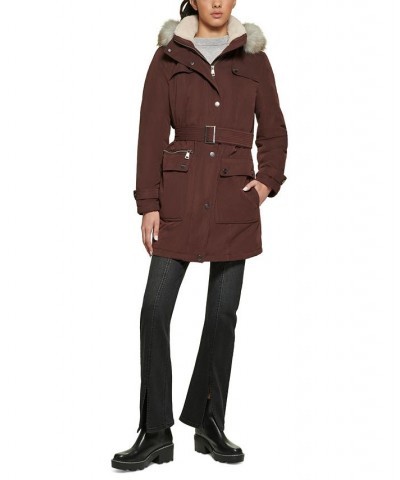 Women's Belted Faux-Fur-Trim Hooded Anorak Red $52.50 Coats