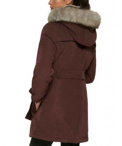 Women's Belted Faux-Fur-Trim Hooded Anorak Red $52.50 Coats