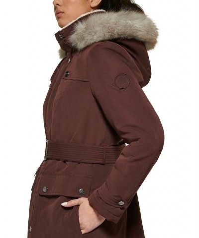 Women's Belted Faux-Fur-Trim Hooded Anorak Red $52.50 Coats