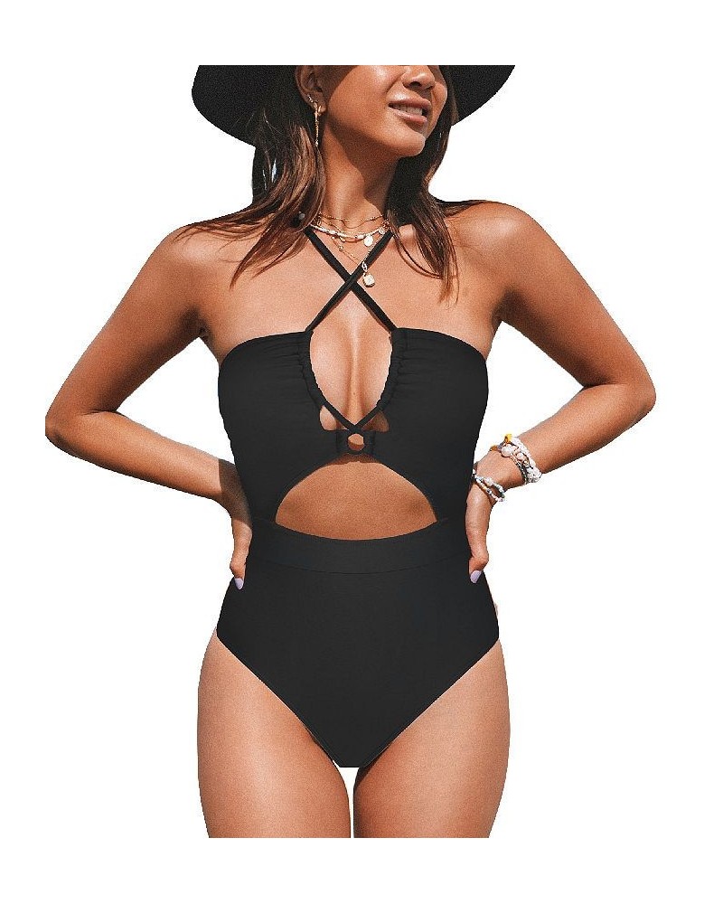 Women's Wild At Heart Tunneled Cut-out One Piece Swimsuit Black $21.60 Swimsuits