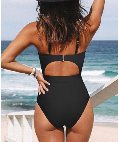 Women's Wild At Heart Tunneled Cut-out One Piece Swimsuit Black $21.60 Swimsuits