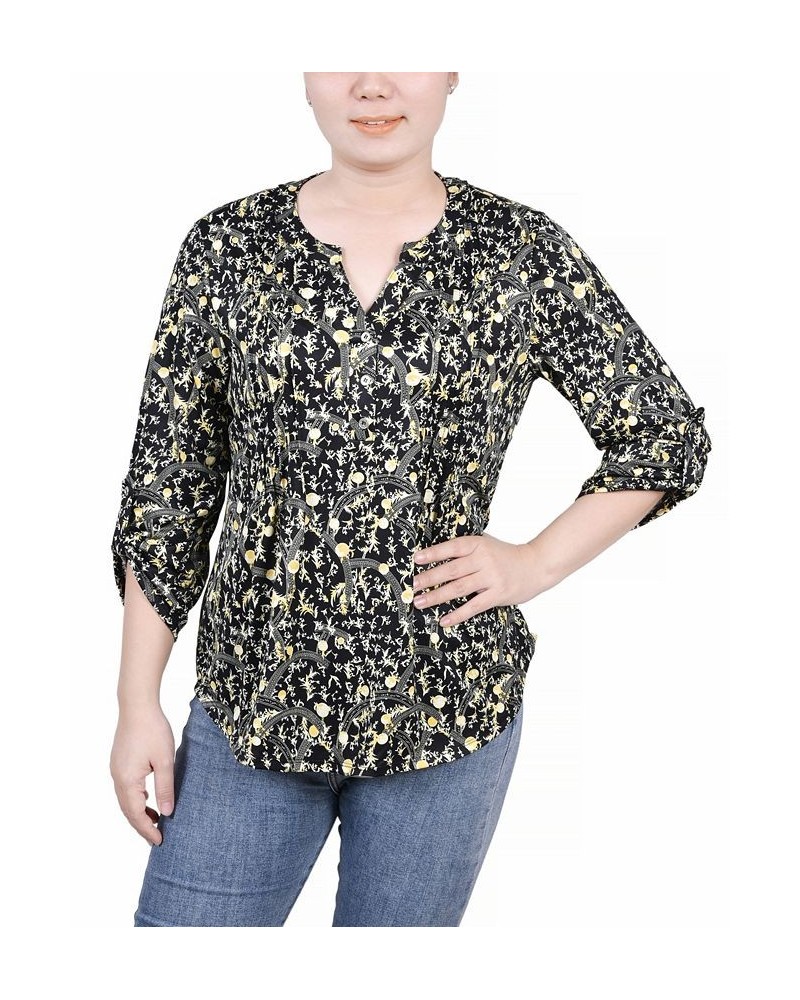 Petite 3/4 Roll Tab Sleeve Y-neck Top Navy Gold-Tone Damask $14.72 Tops