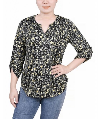 Petite 3/4 Roll Tab Sleeve Y-neck Top Navy Gold-Tone Damask $14.72 Tops