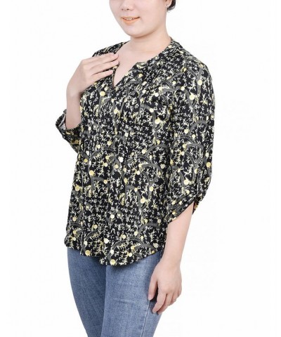 Petite 3/4 Roll Tab Sleeve Y-neck Top Navy Gold-Tone Damask $14.72 Tops